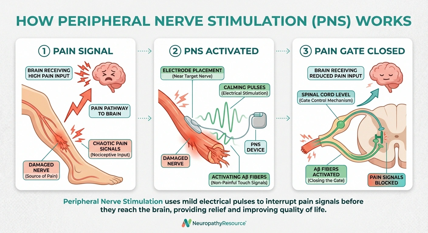 Infographic showing how peripheral nerve stimulation works by activating nerve fibers to block pain signals from reaching the brain