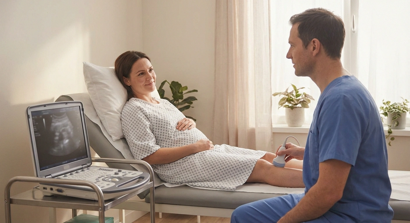 Doctor performing ultrasound guided peripheral nerve stimulation electrode placement on calm patient under local anesthesia