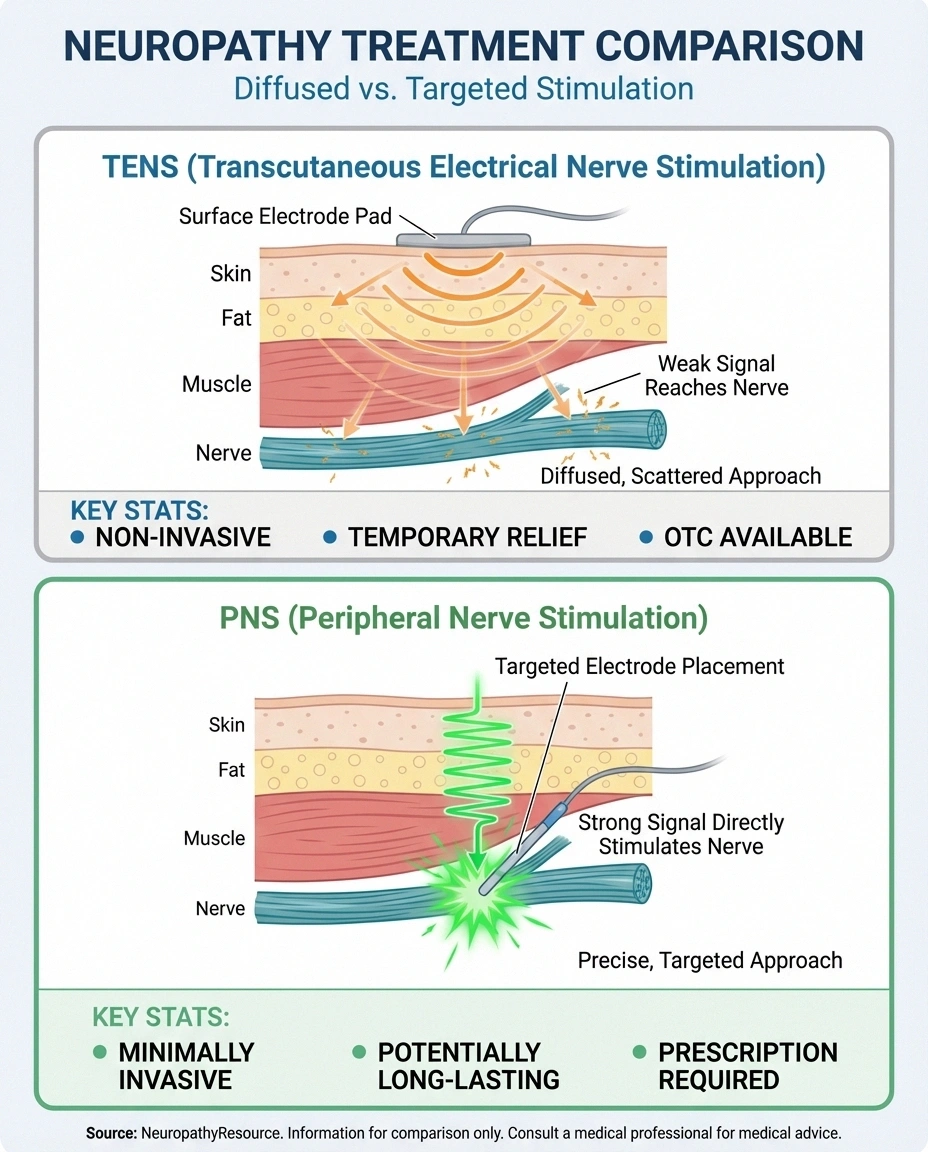 Comparison infographic showing difference between TENS surface stimulation and peripheral nerve stimulation direct nerve targeting