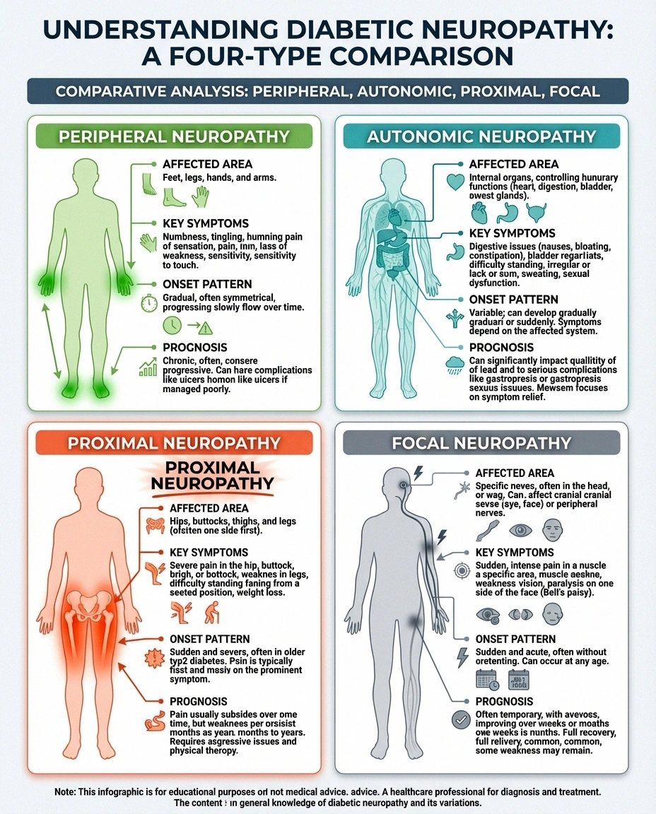 Infographic comparing proximal neuropathy with peripheral autonomic and focal neuropathy types