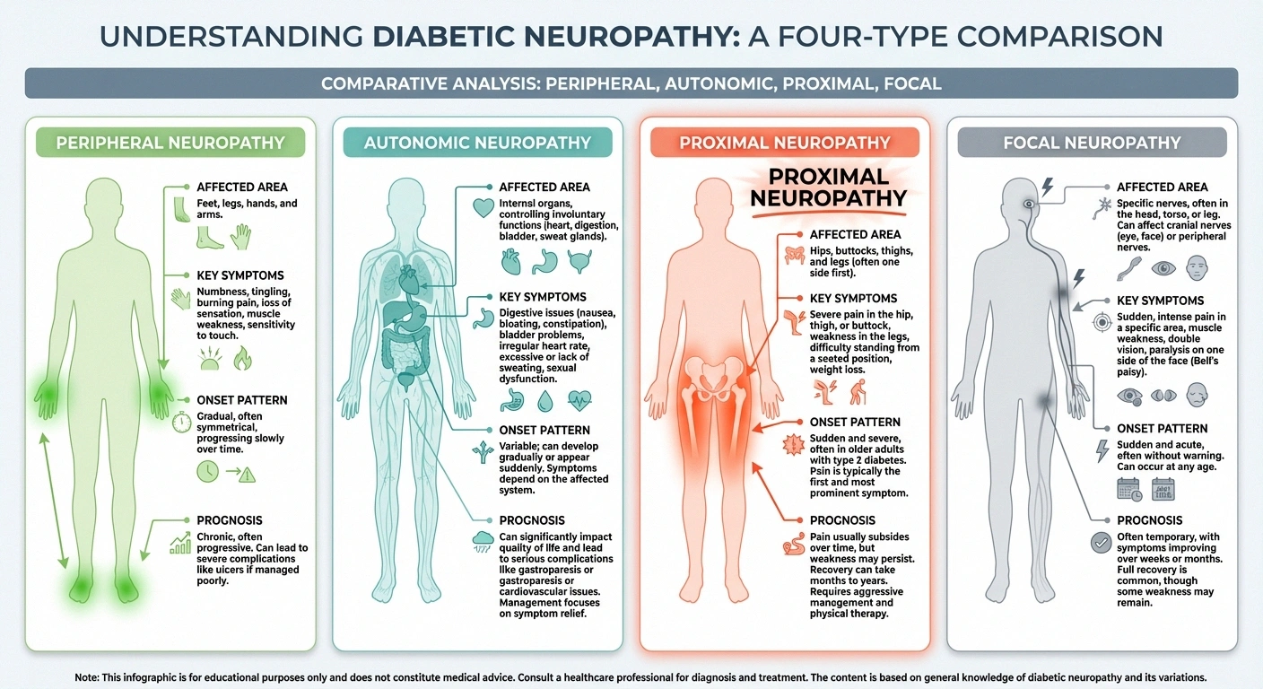 Infographic comparing proximal neuropathy with peripheral autonomic and focal neuropathy types