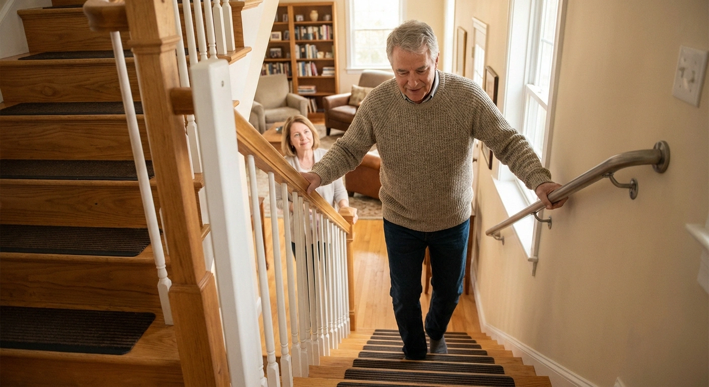 Man using handrail and grab bars on stairs at home for safety during proximal neuropathy recovery