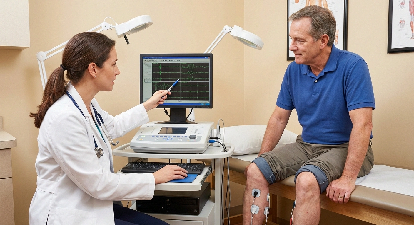 Neurologist performing EMG nerve conduction study on patient leg to diagnose proximal neuropathy