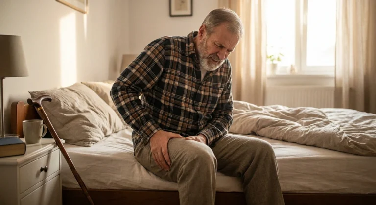 Man experiencing proximal neuropathy pain in thigh while sitting on edge of bed