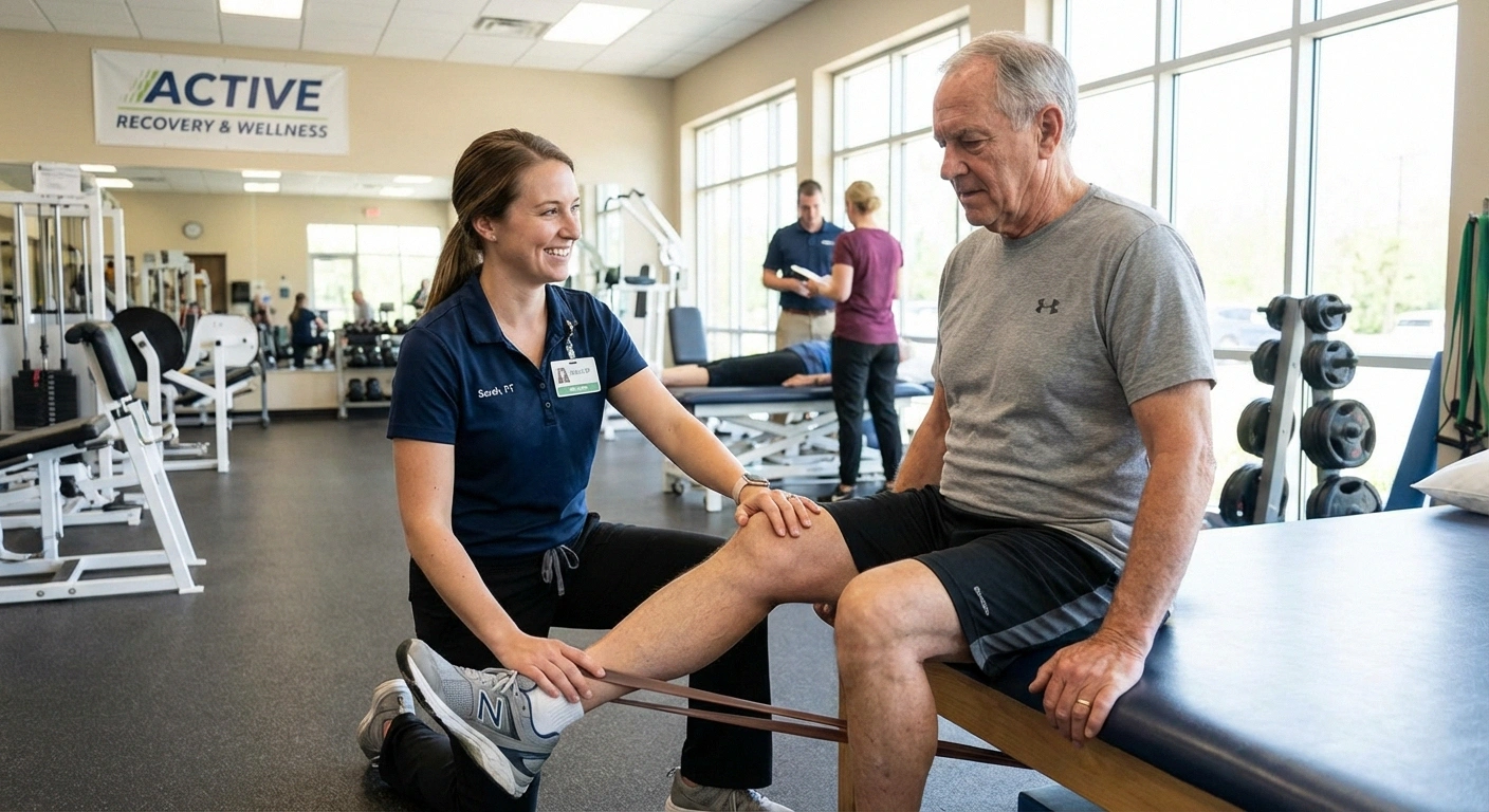 Physical therapist helping patient with leg strengthening exercises for proximal neuropathy recovery