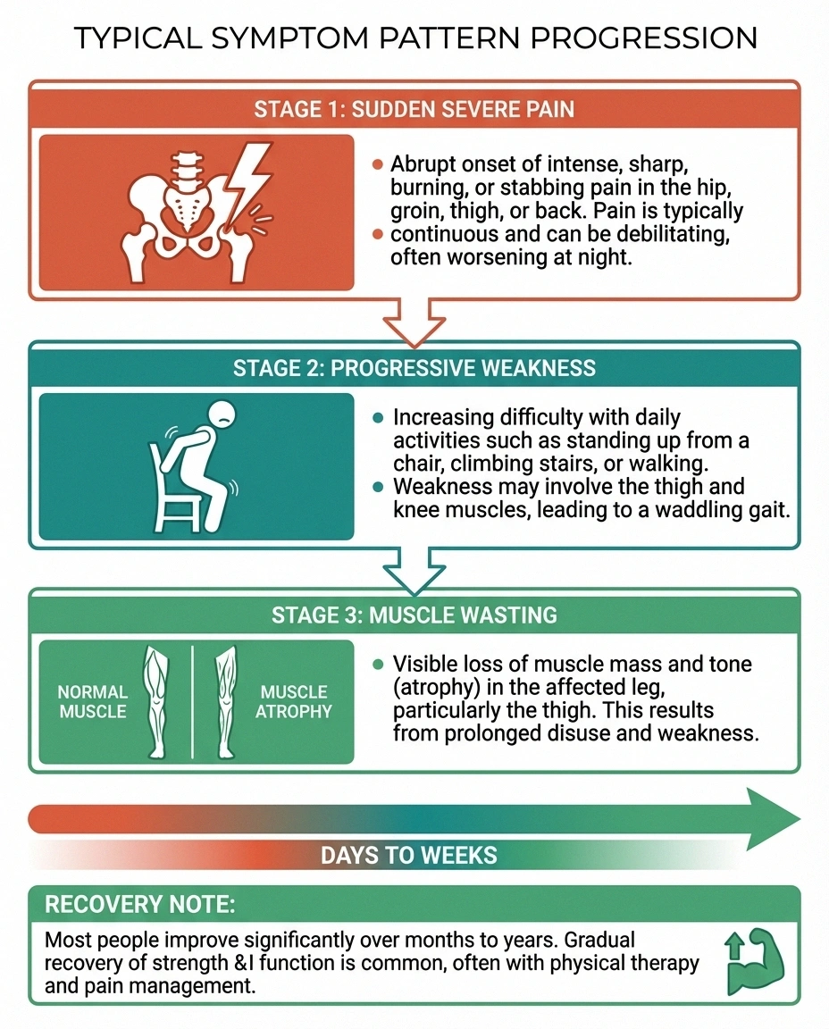 Infographic showing three stages of proximal neuropathy from sudden pain to weakness to muscle wasting with recovery timeline