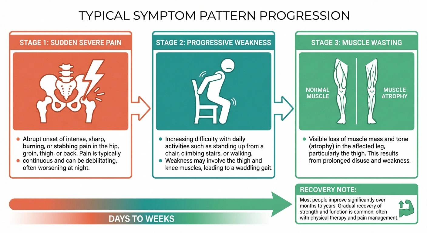 Infographic showing three stages of proximal neuropathy from sudden pain to weakness to muscle wasting with recovery timeline