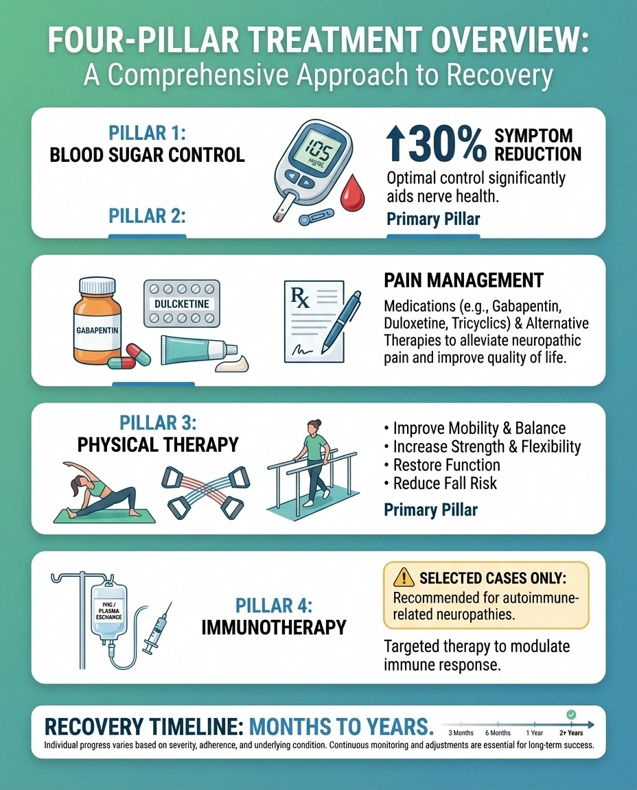 Infographic showing four pillars of proximal neuropathy treatment blood sugar pain management physical therapy and immunotherapy