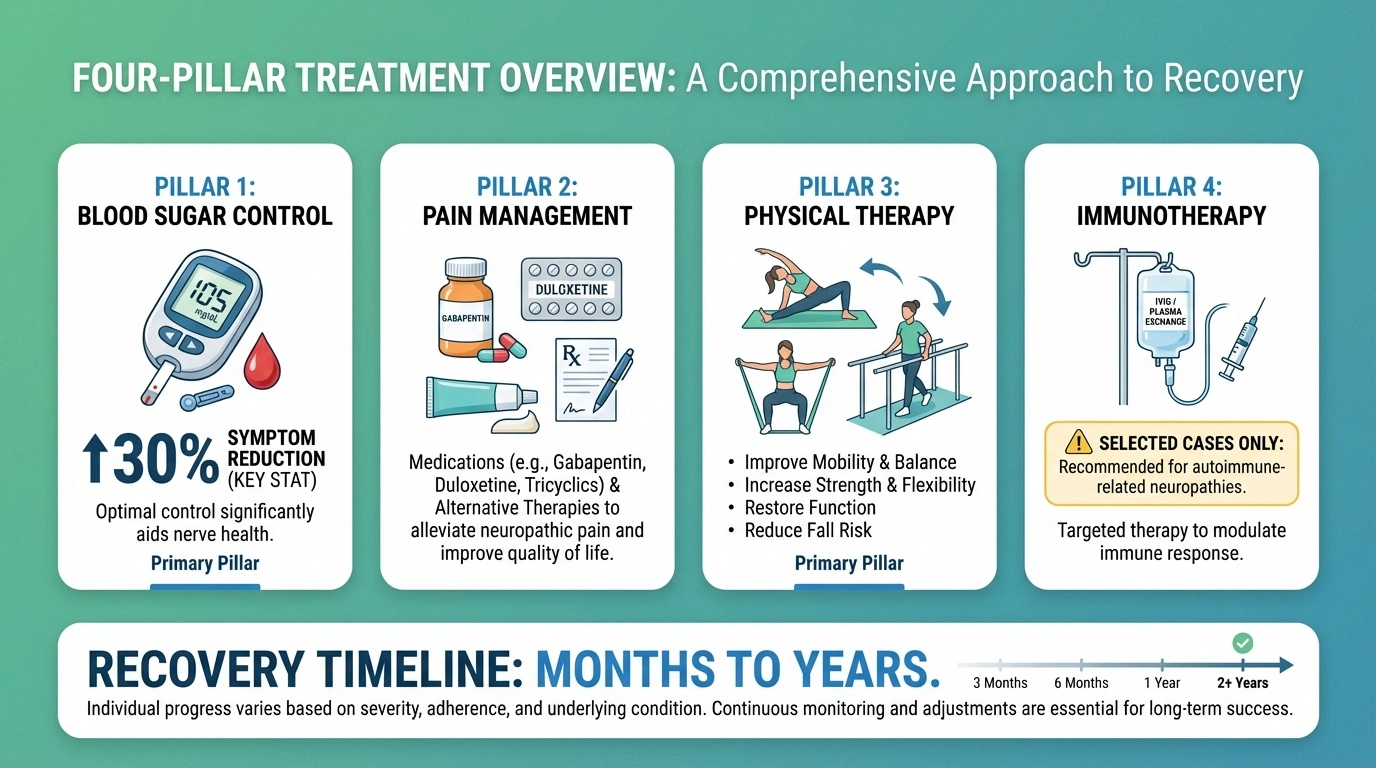 Infographic showing four pillars of proximal neuropathy treatment blood sugar pain management physical therapy and immunotherapy