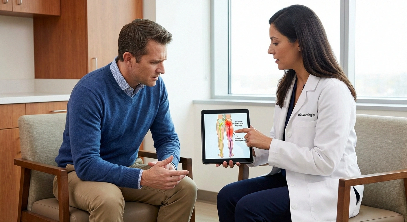 Neurologist showing patient anatomical diagram on tablet to explain difference between proximal neuropathy and sciatica