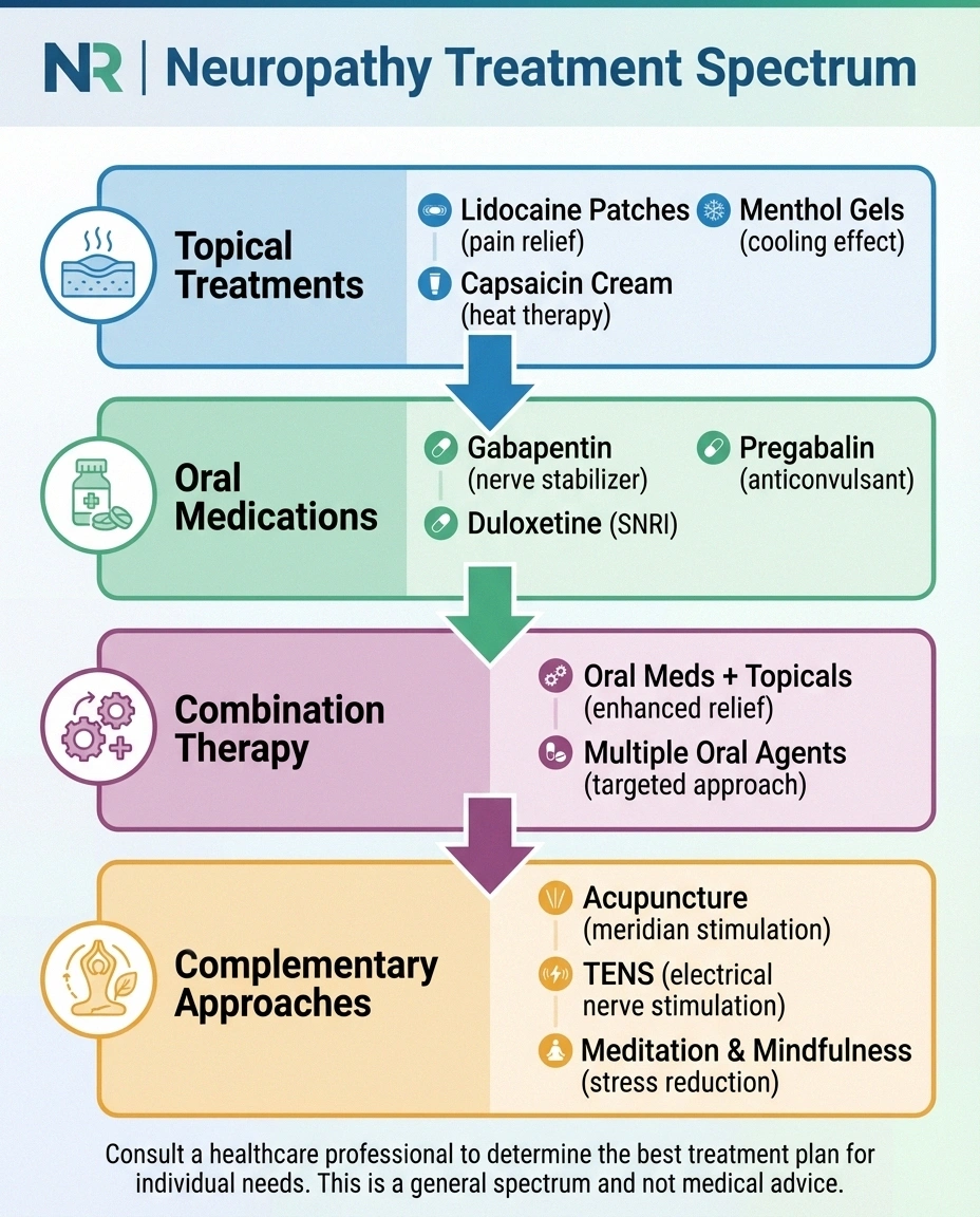 Neuropathy treatment spectrum showing topical treatments through oral medications to complementary approaches