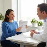 Patient holding list of questions while discussing neuropathy medication options with doctor in medical office