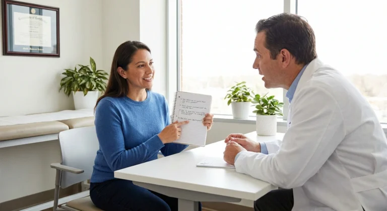 Patient holding list of questions while discussing neuropathy medication options with doctor in medical office