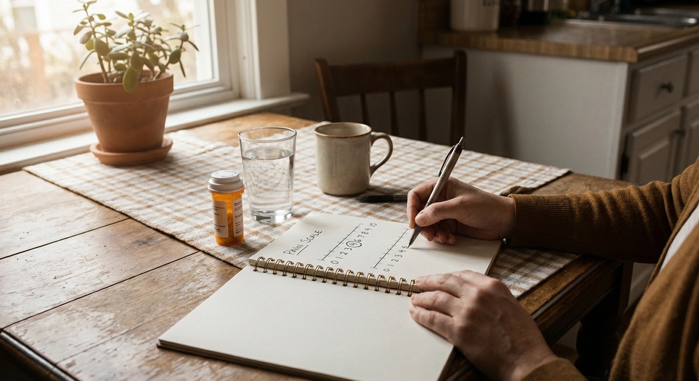 Person writing in neuropathy pain journal tracking medication effectiveness with pain scale at kitchen table
