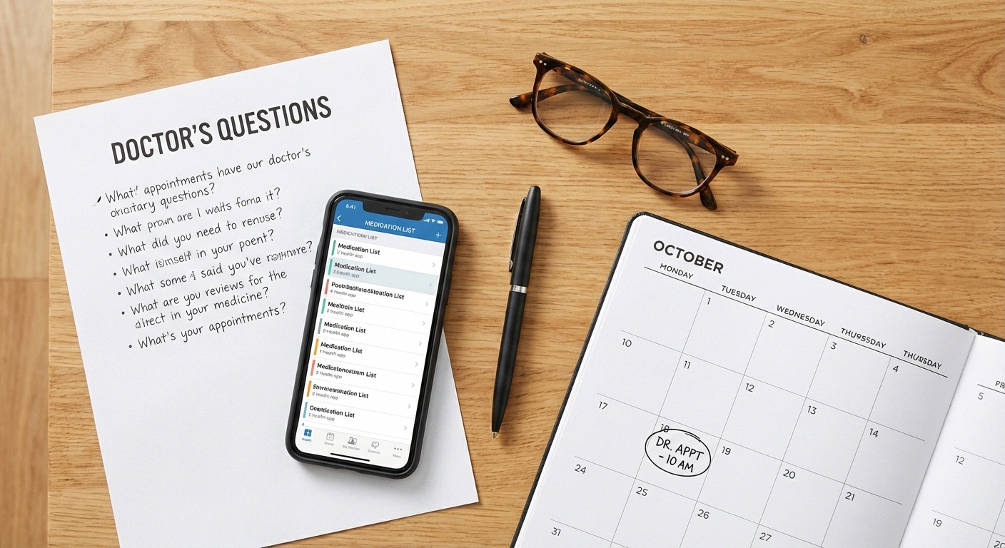 Flat-lay of neuropathy doctor appointment preparation items including question list medication list and calendar
