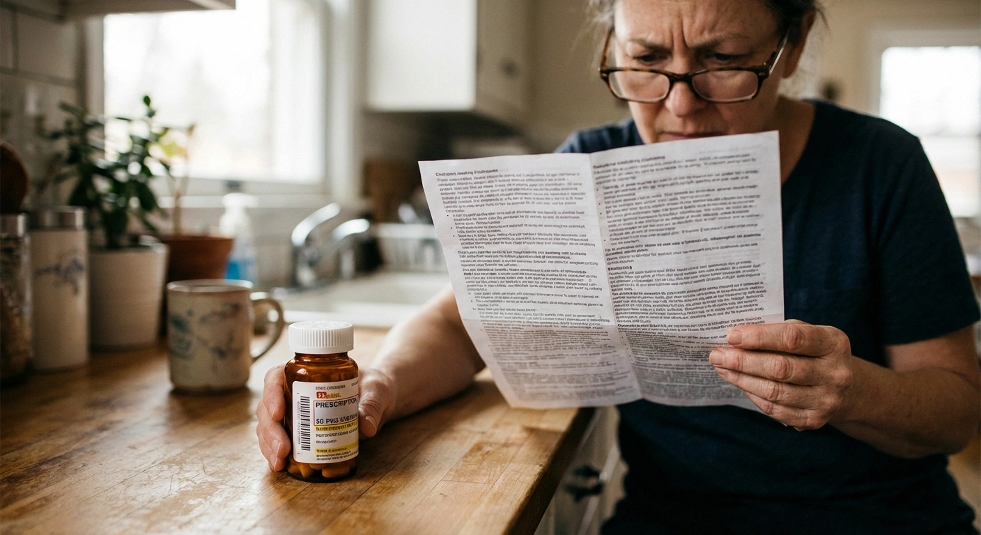 Person reading medication information leaflet for neuropathy prescription concerned about side effects