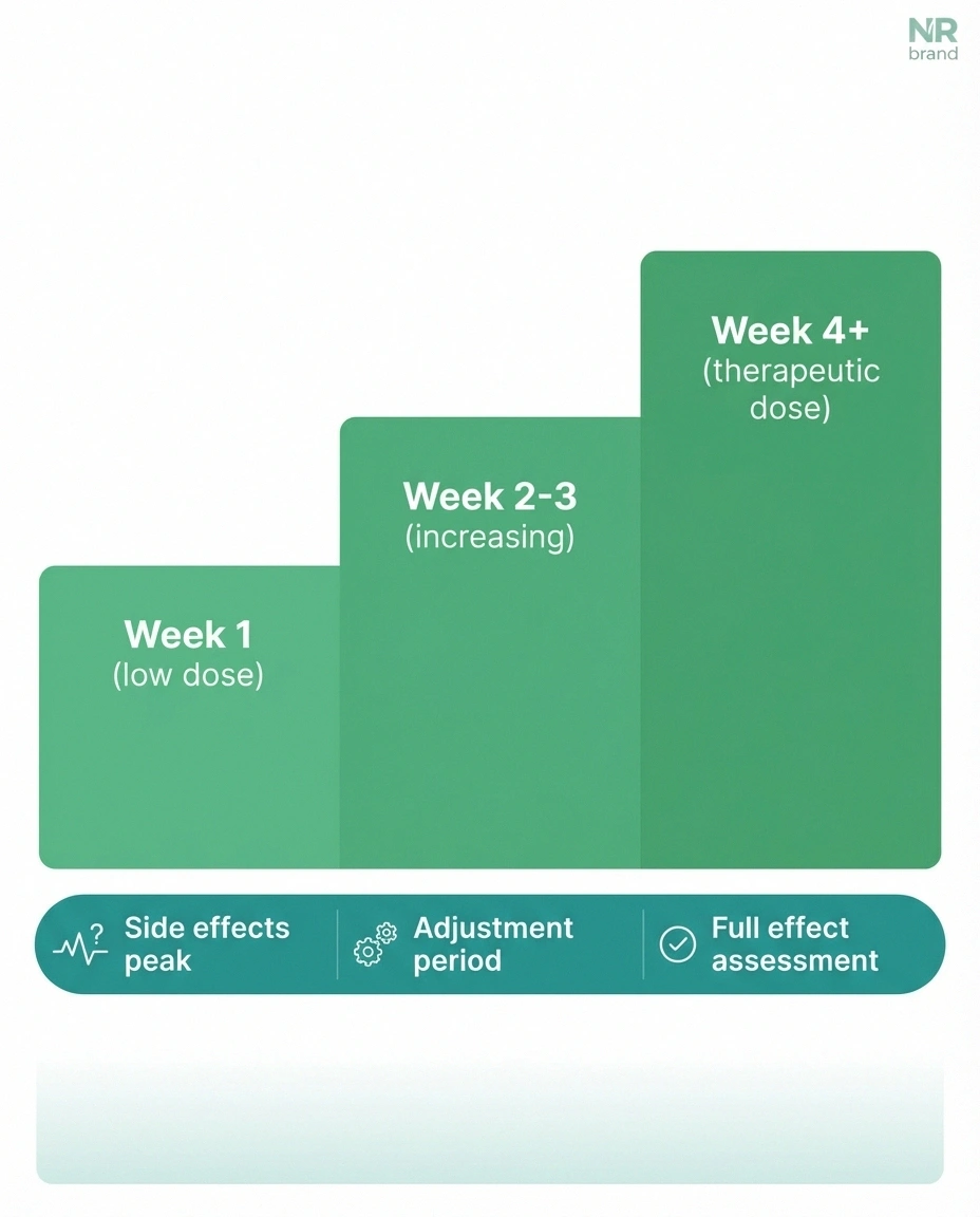 Step diagram showing neuropathy medication titration timeline from starting dose through side effects to therapeutic dose assessment