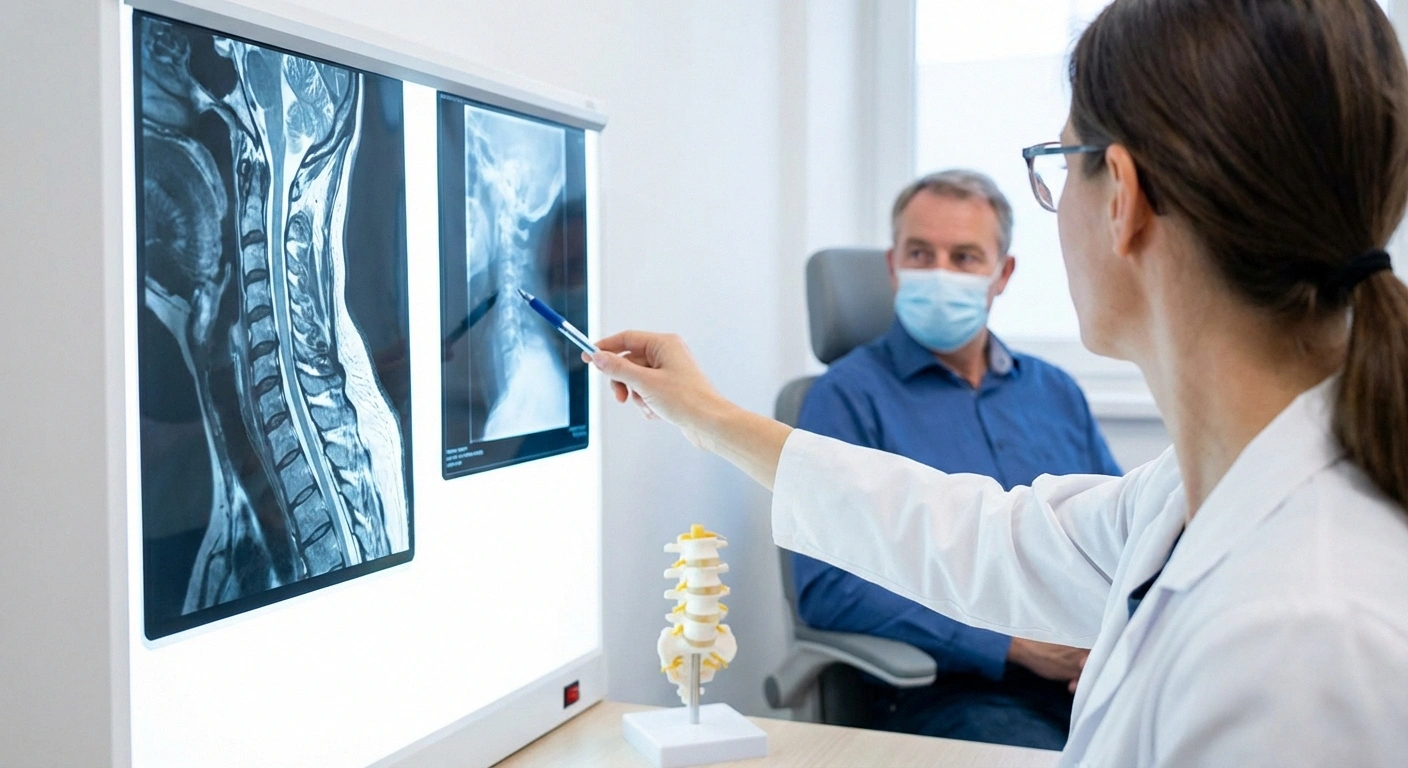 Healthcare professional reviewing spine imaging to diagnose cause of nerve pain