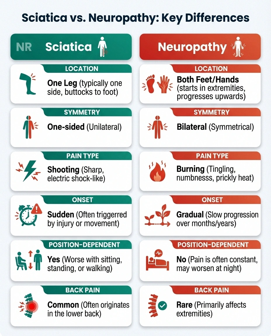 Comparison chart showing key differences between sciatica and peripheral neuropathy symptoms