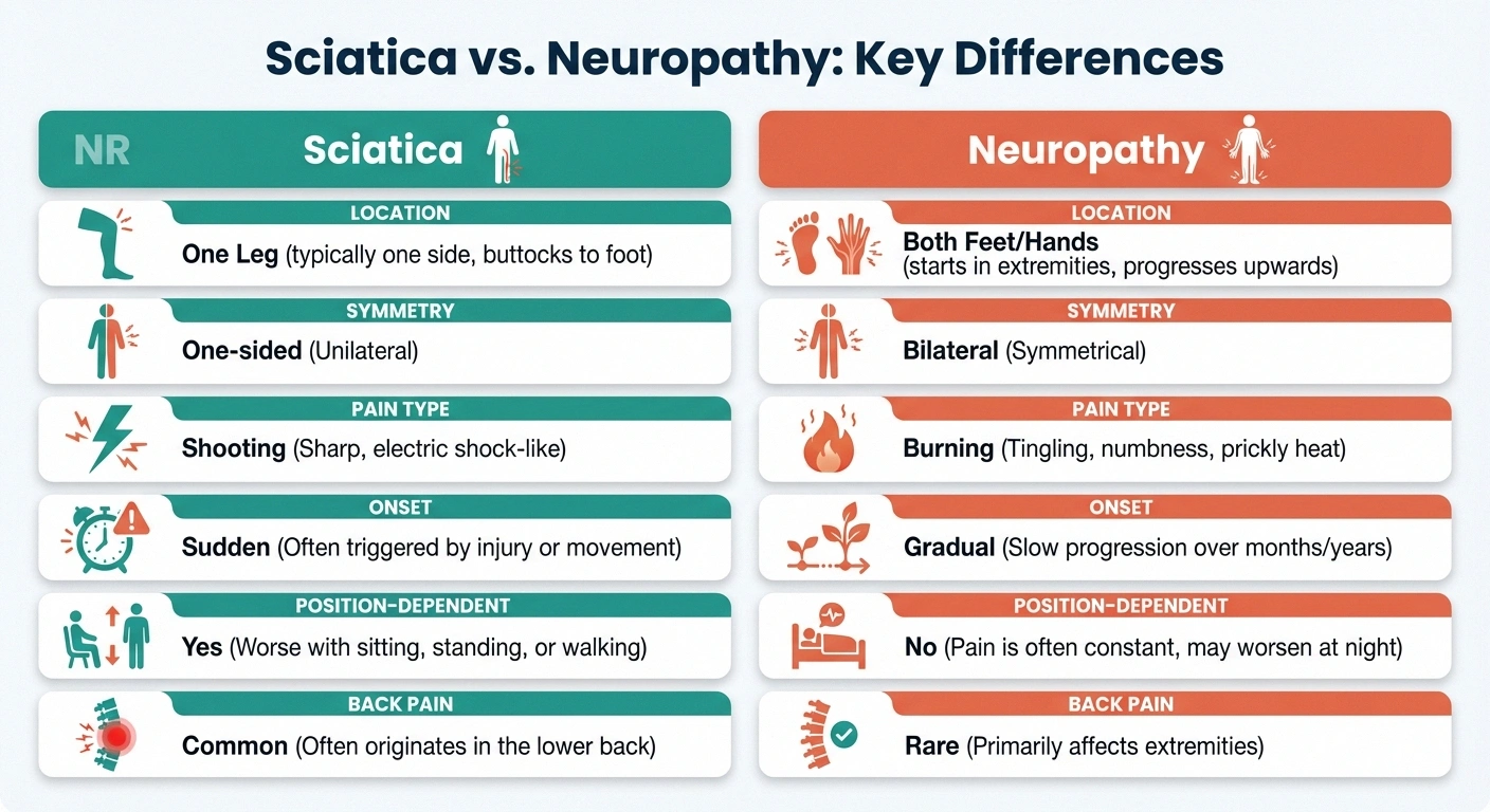 Comparison chart showing key differences between sciatica and peripheral neuropathy symptoms