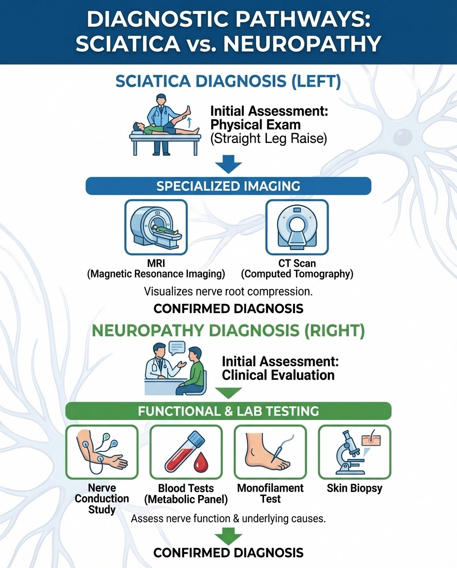 Diagnostic pathway infographic comparing sciatica diagnosis methods with neuropathy nerve testing procedures