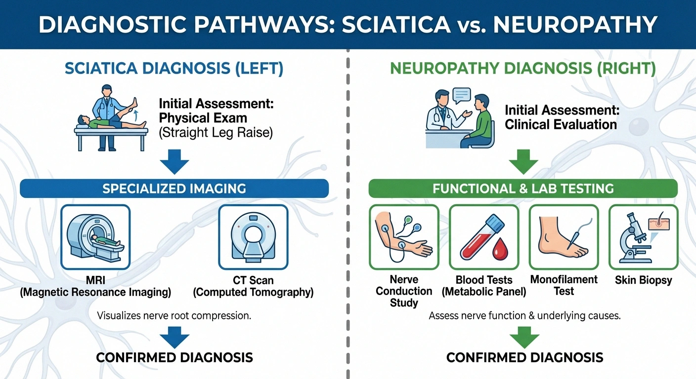 Diagnostic pathway infographic comparing sciatica diagnosis methods with neuropathy nerve testing procedures