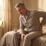 Person sitting on bed edge experiencing lower back and leg nerve pain wondering about sciatica versus neuropathy