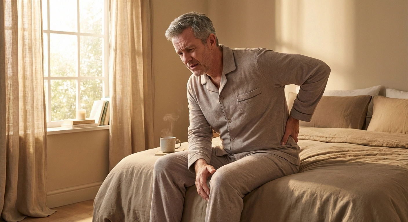 Person sitting on bed edge experiencing lower back and leg nerve pain wondering about sciatica versus neuropathy