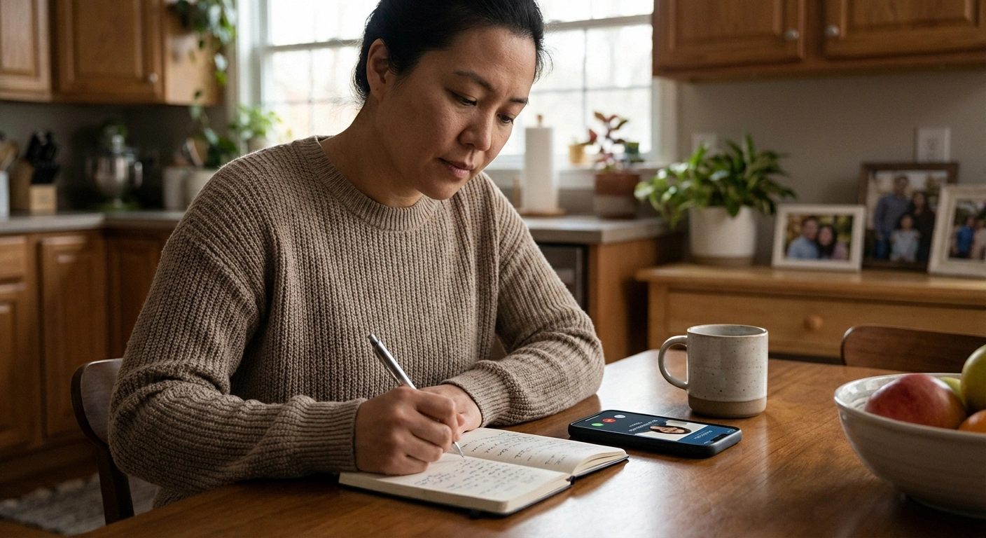 Person tracking nerve pain symptoms in journal alongside telehealth appointment as part of proactive sciatica and neuropathy management