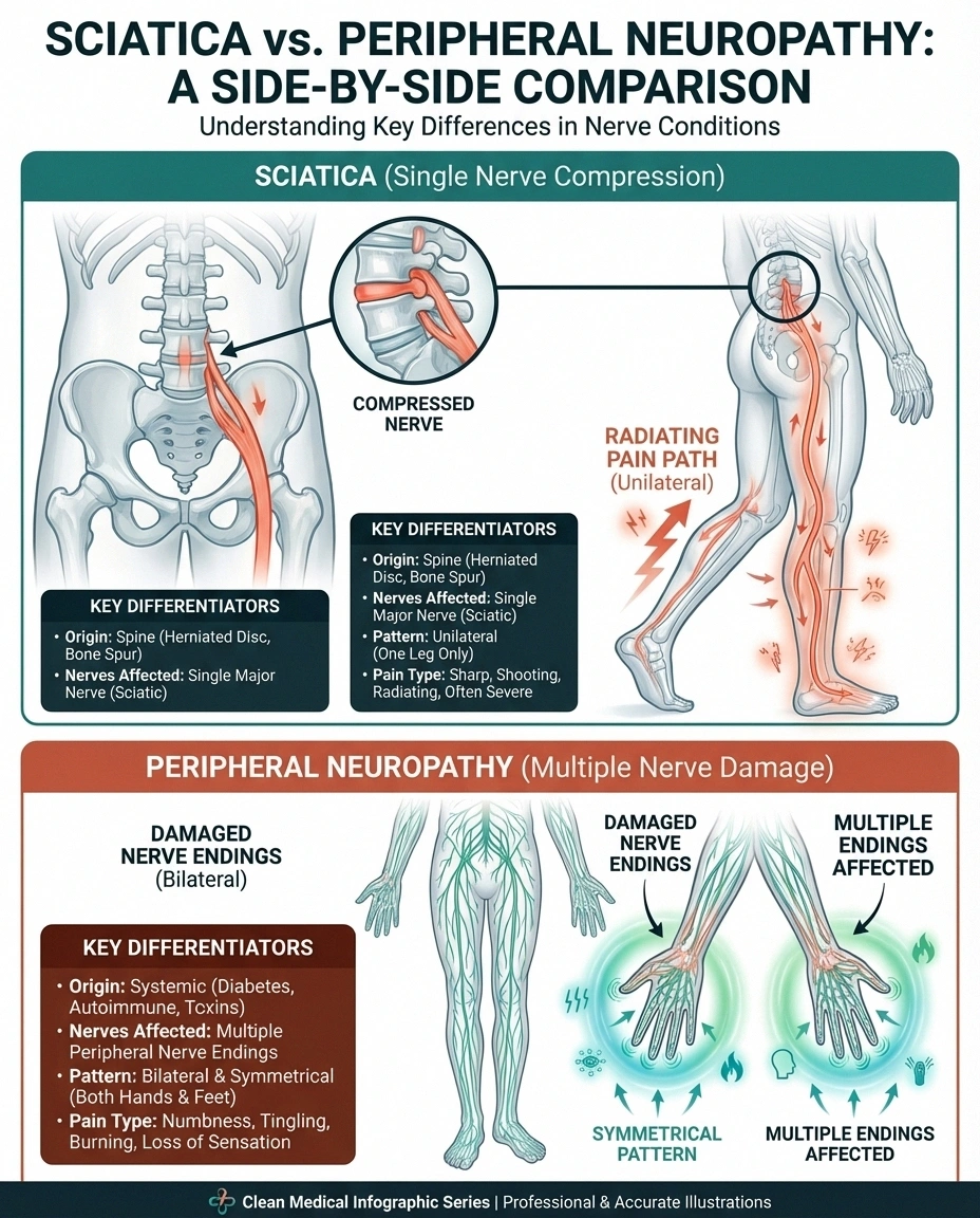 Infographic comparing sciatica nerve compression path versus peripheral neuropathy nerve damage pattern in feet and hands