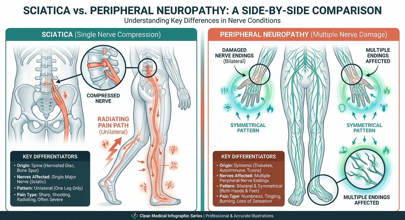 Infographic comparing sciatica nerve compression path versus peripheral neuropathy nerve damage pattern in feet and hands