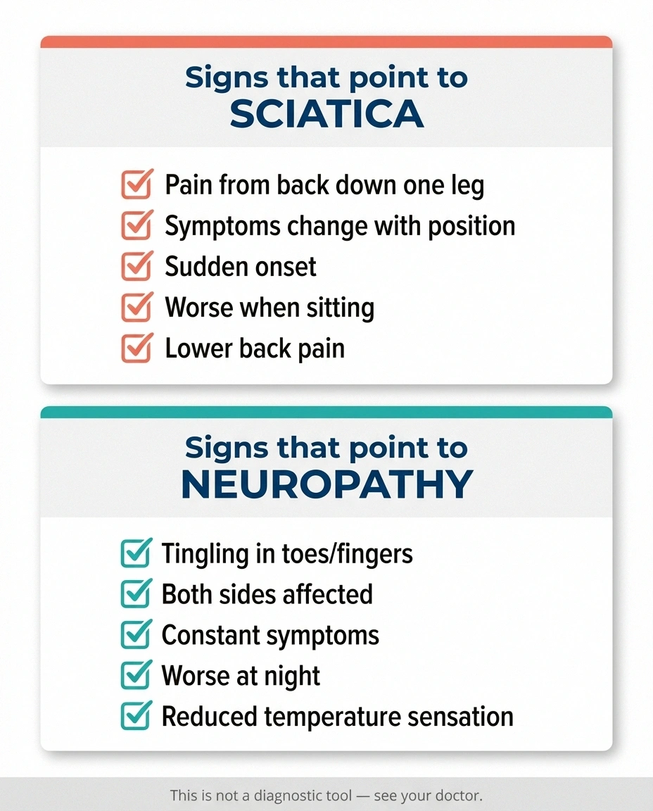 Self-assessment checklist comparing signs of sciatica versus signs of peripheral neuropathy
