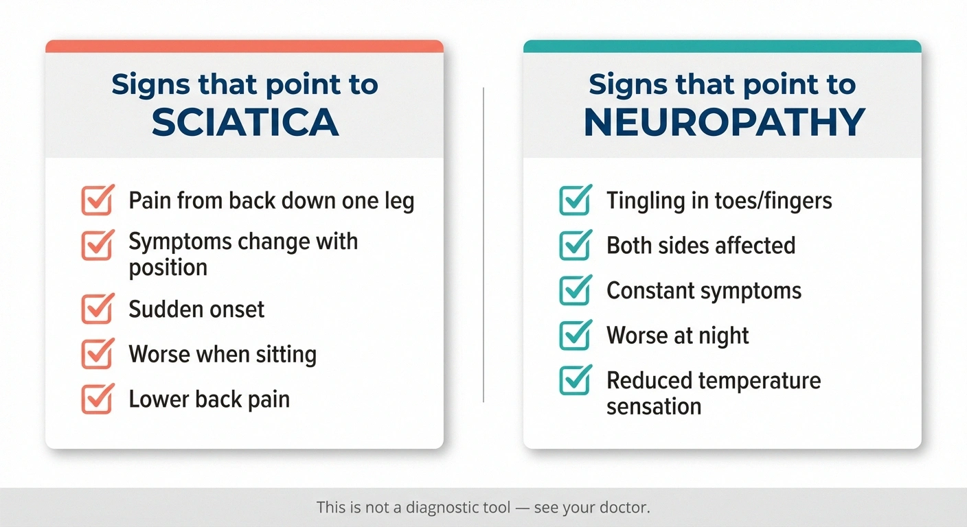 Self-assessment checklist comparing signs of sciatica versus signs of peripheral neuropathy