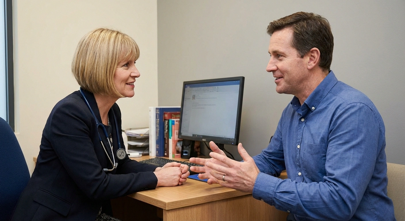 Patient discussing smoking and neuropathy treatment options with their doctor in a clinical setting