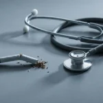 Broken cigarette beside stethoscope representing the connection between smoking and nerve damage