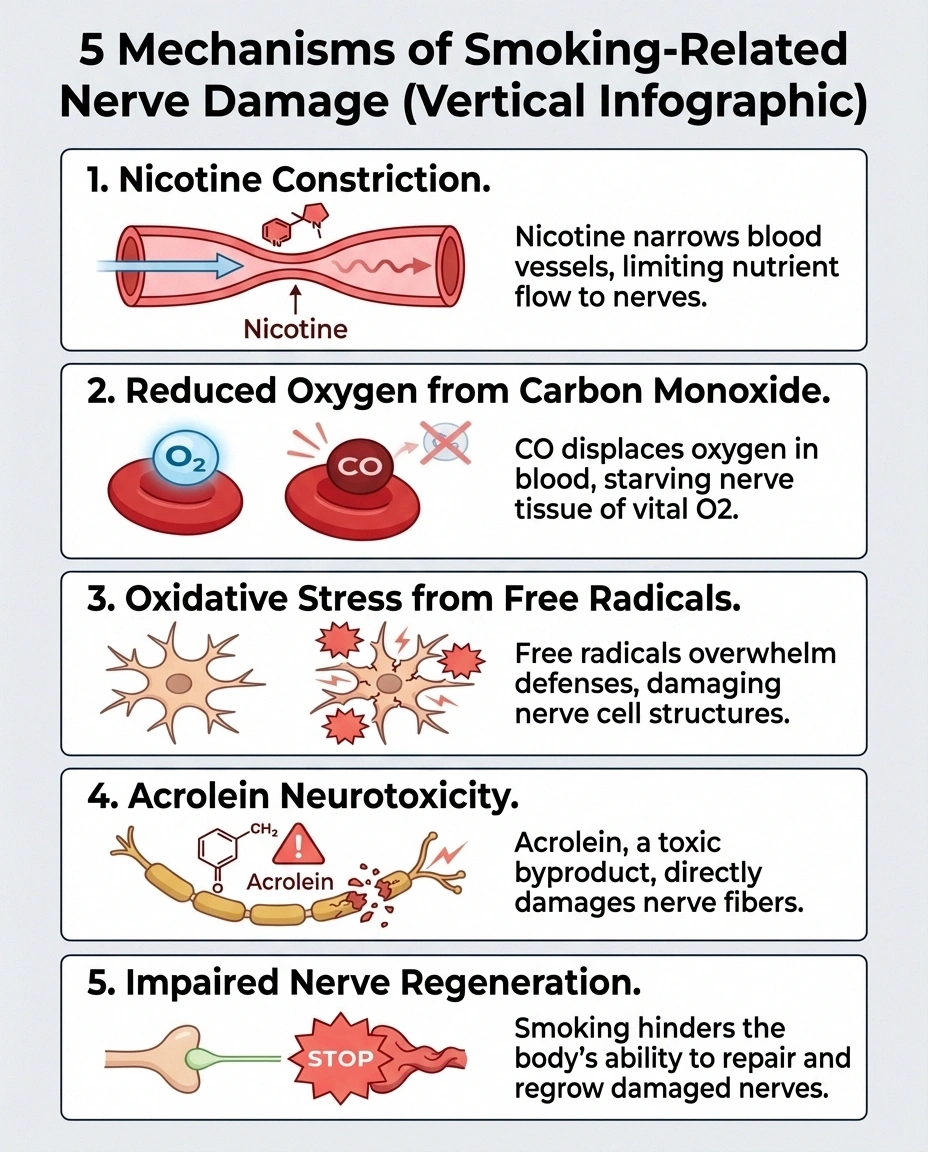 Infographic showing five mechanisms by which smoking damages peripheral nerves