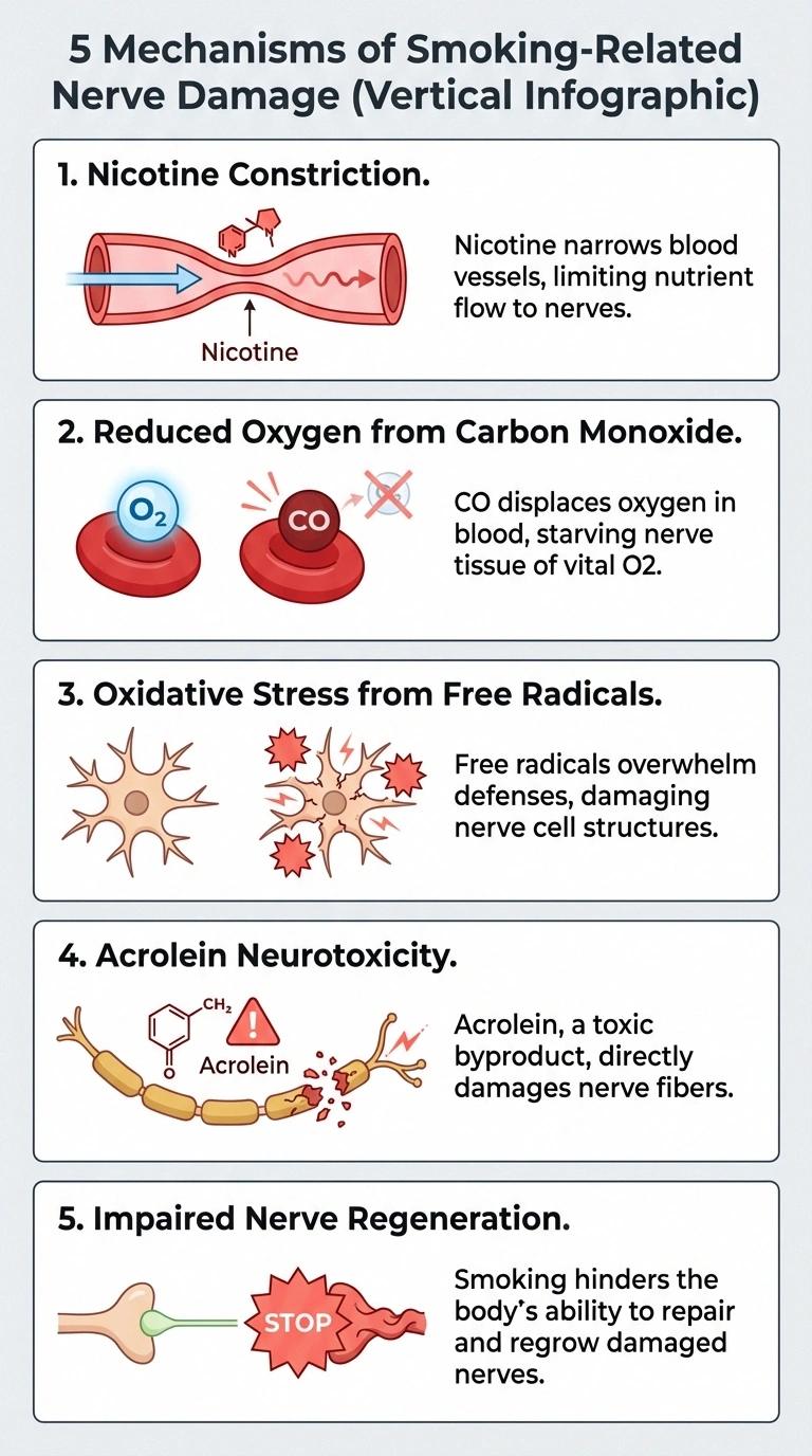 Infographic showing five mechanisms by which smoking damages peripheral nerves