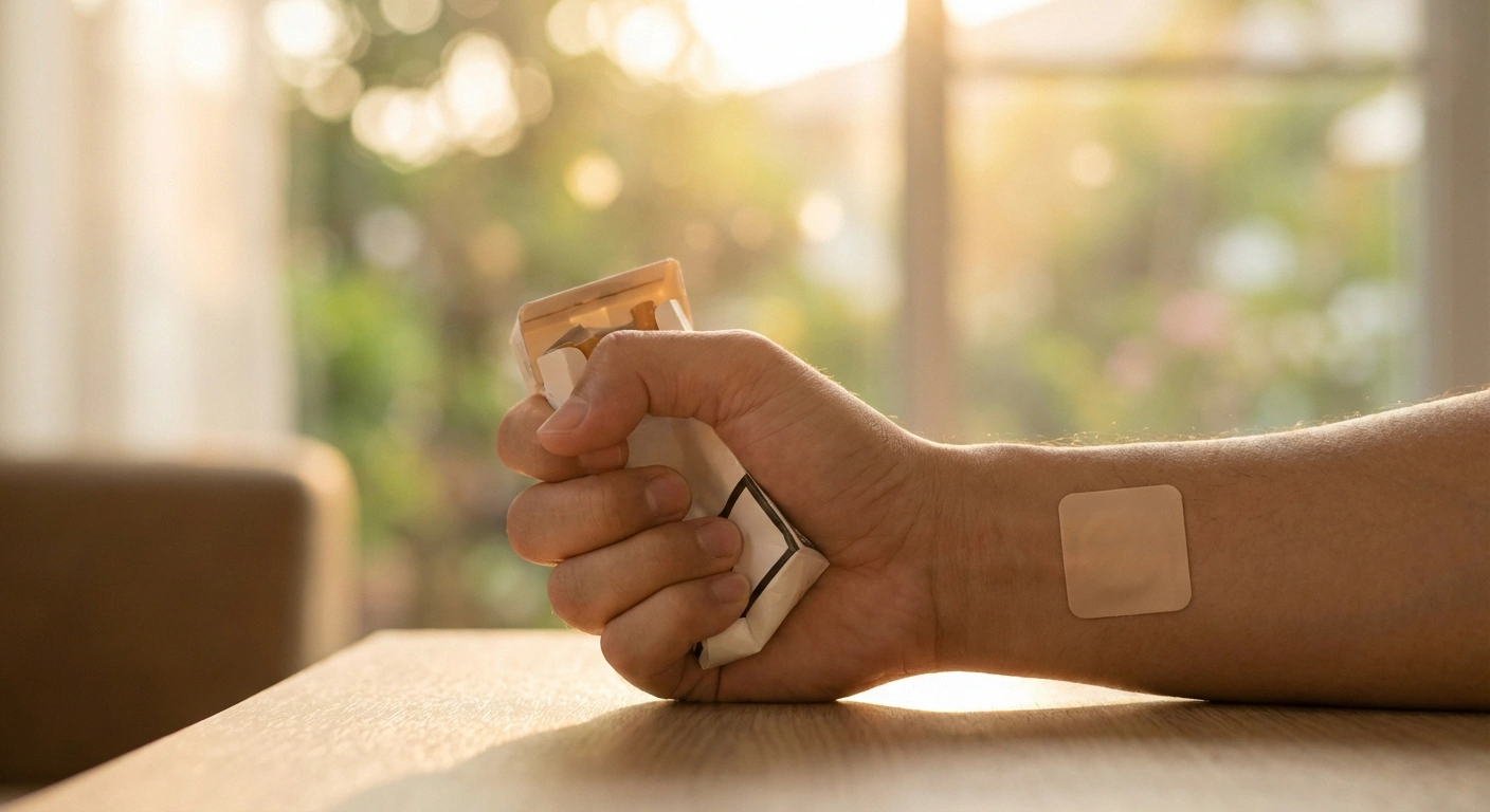 Person crushing cigarette pack with nicotine patch on arm representing smoking cessation for nerve health