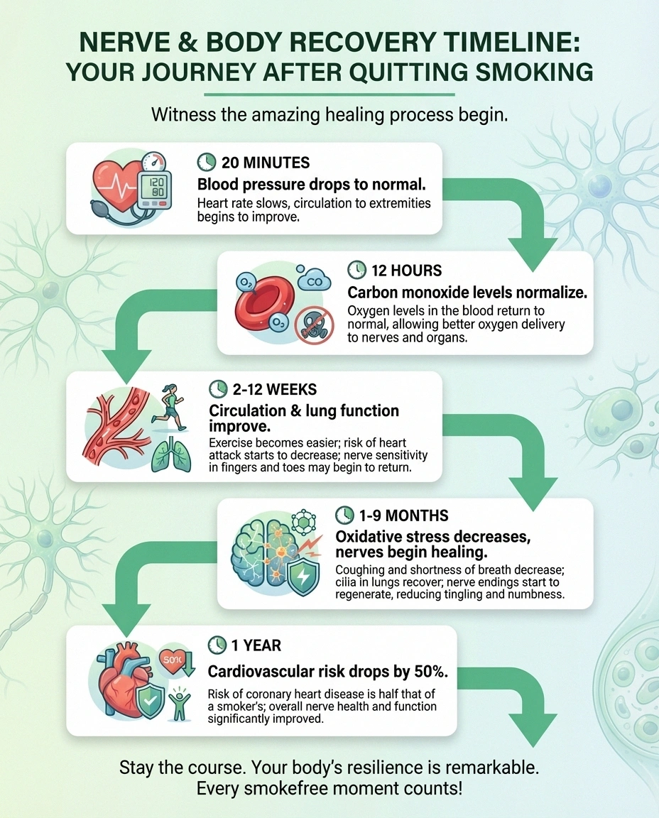 Timeline showing how peripheral nerve health improves after quitting smoking from 20 minutes to one year