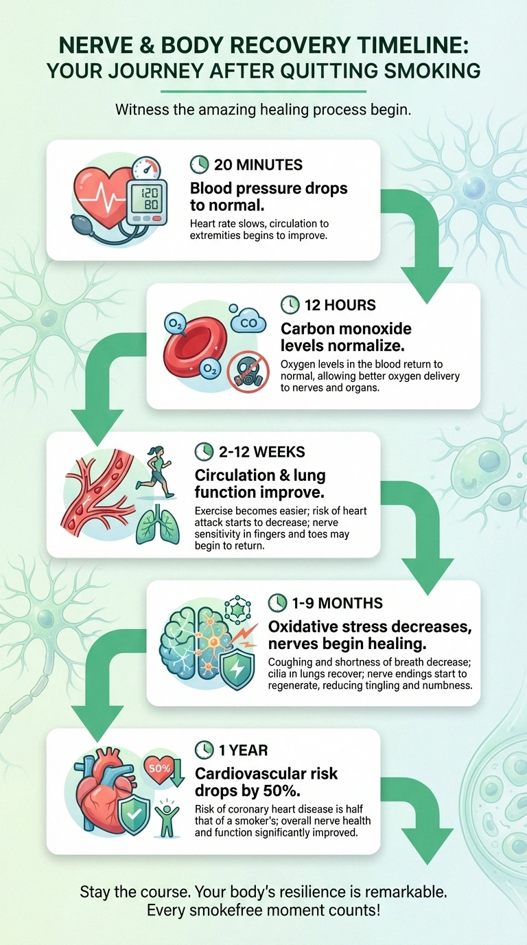 Timeline showing how peripheral nerve health improves after quitting smoking from 20 minutes to one year