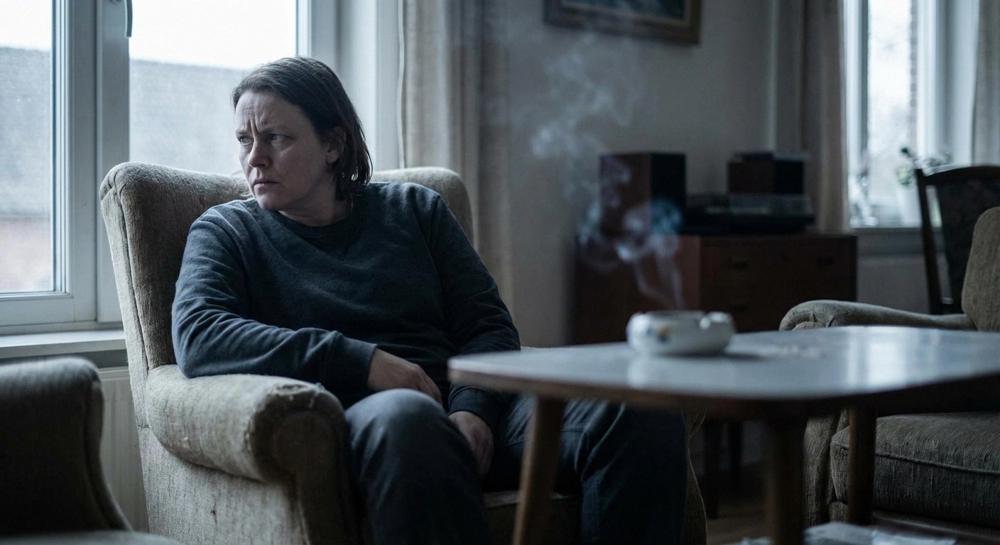 Person experiencing secondhand smoke exposure at home illustrating passive neuropathy risk from tobacco