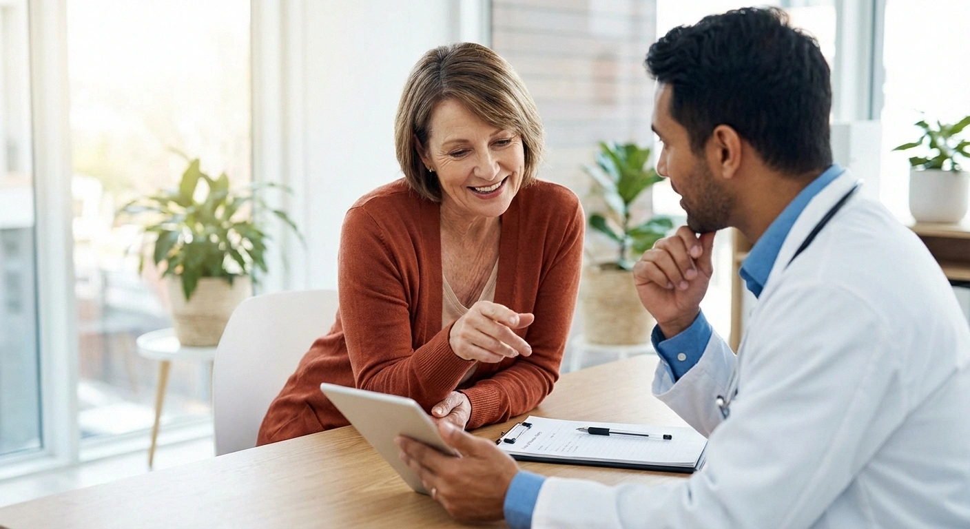 Patient consulting with doctor about blood sugar management and neuropathy prevention in a medical office setting