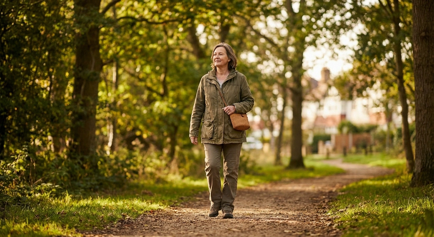 Person taking a post-meal walk outdoors, a simple strategy to lower blood sugar spikes and protect nerves from neuropathy damage