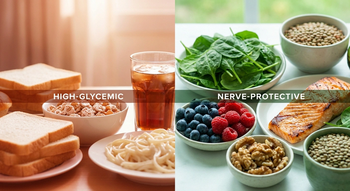 Split comparison photo showing high blood sugar spiking foods versus nerve-protective low-glycemic foods for neuropathy management