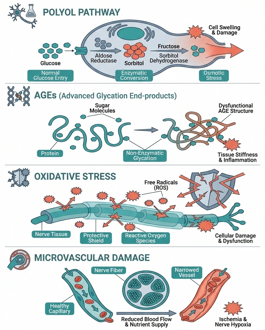 Infographic illustrating the four biochemical pathways by which high blood sugar damages peripheral nerves