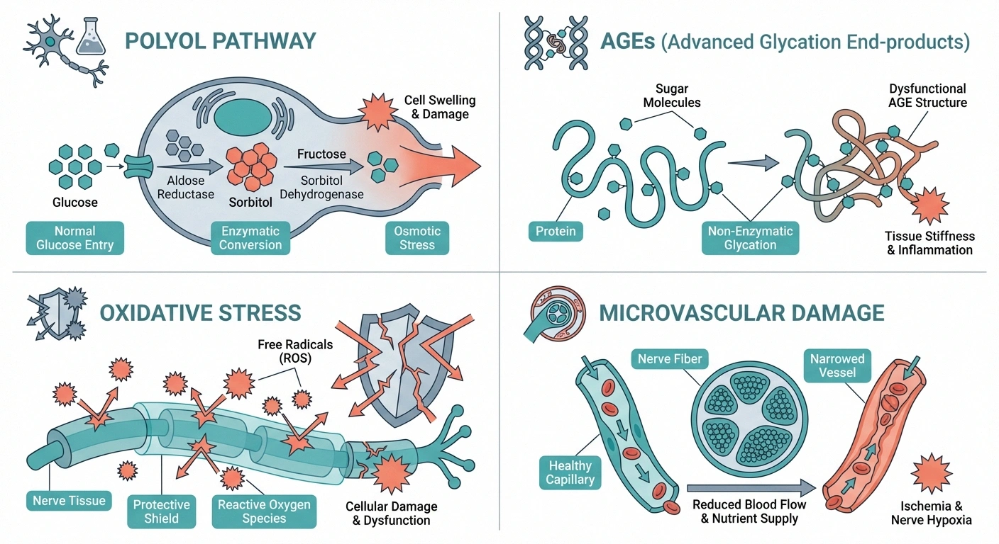 Infographic illustrating the four biochemical pathways by which high blood sugar damages peripheral nerves