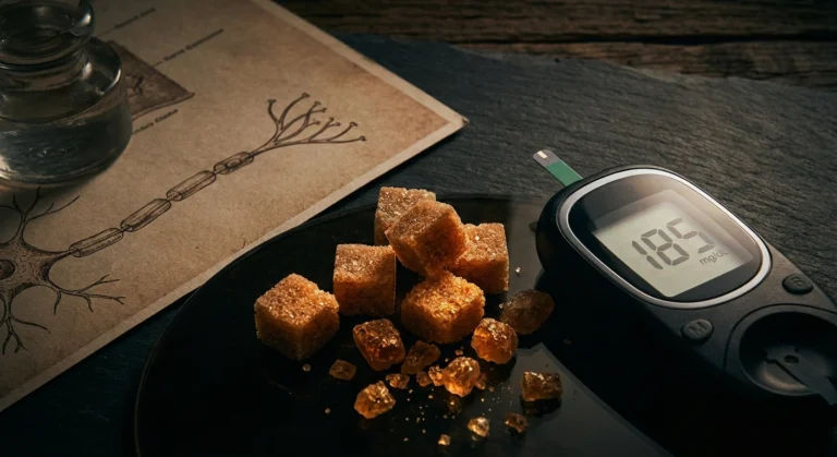 Sugar cubes and a blood glucose meter illustrating the connection between blood sugar levels and nerve damage in neuropathy