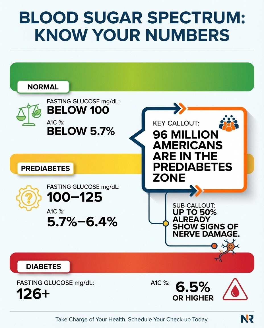 Blood sugar spectrum infographic showing normal, prediabetes, and diabetes ranges with neuropathy risk statistics at each level