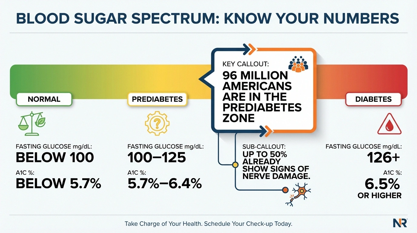 Blood sugar spectrum infographic showing normal, prediabetes, and diabetes ranges with neuropathy risk statistics at each level