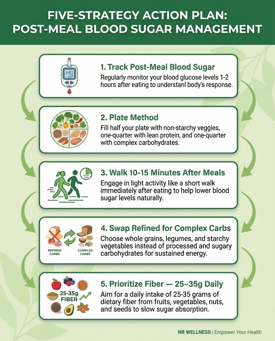 Five-strategy action plan infographic for managing post-meal blood sugar to protect nerves from neuropathy damage